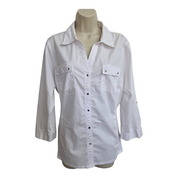 Women's White Blouse Size XL Cotton Blend 3/4 Roll Tab Sleeve Zac & Rachel - Picture 8 of 8